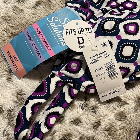 Swim Solutions Women's Jewels Printed Tiered Tummy Control One-Piece Swimsuit - Picture 7 of 13